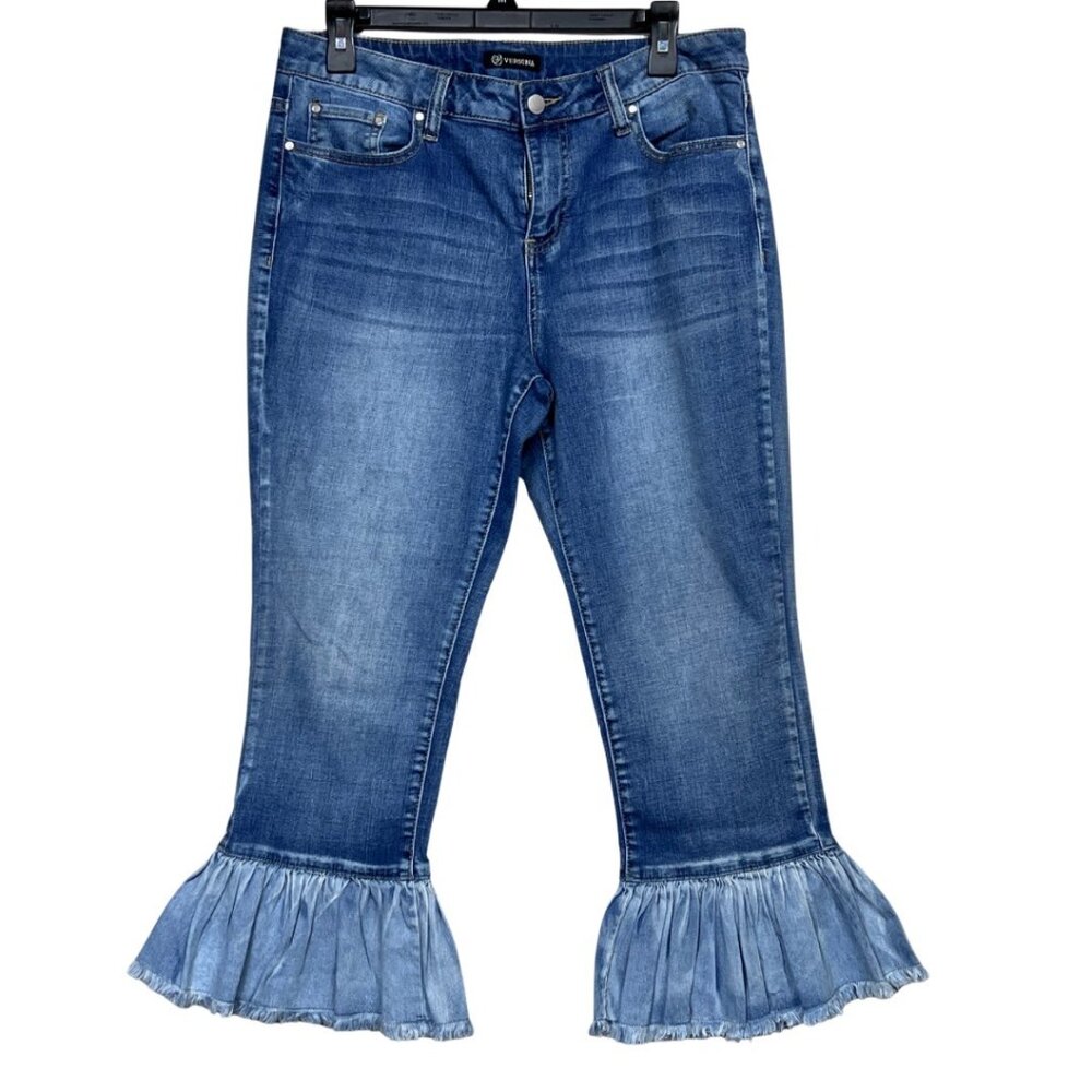 Versona Jeans Cropped Women's Size 30 Ruffle Hem Medium Wash Stretch Comfort
